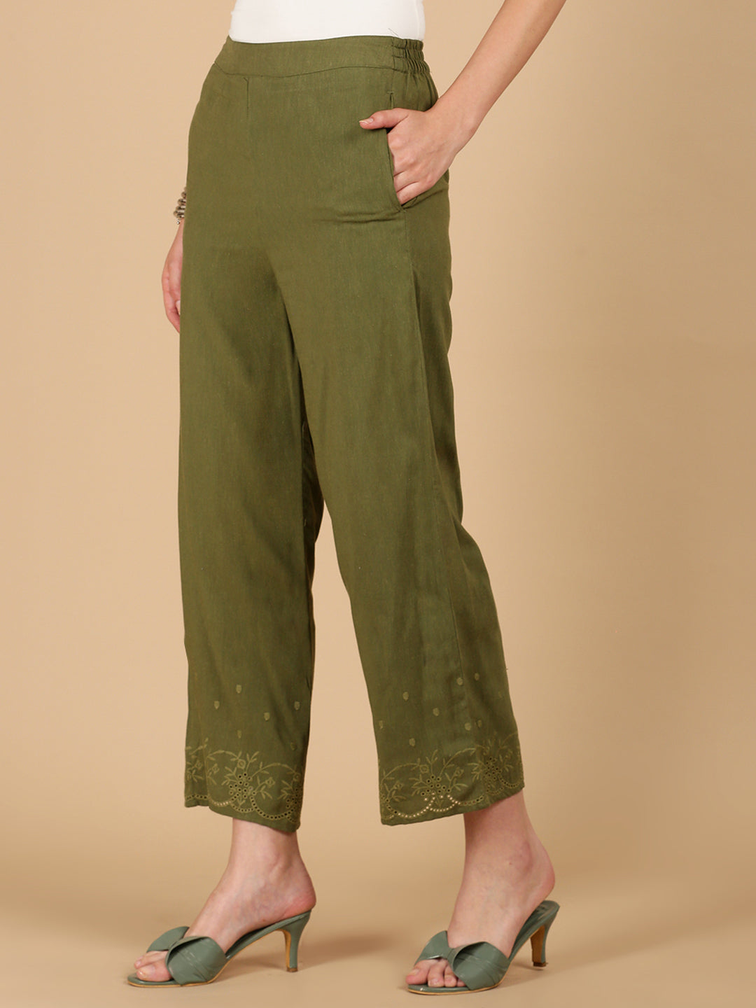 De Moza Women Woven Rayon Regular Fit Palazzo with Functional Pockets Olive Green - De Moza