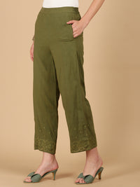 De Moza Women Woven Rayon Regular Fit Palazzo with Functional Pockets Olive Green - De Moza