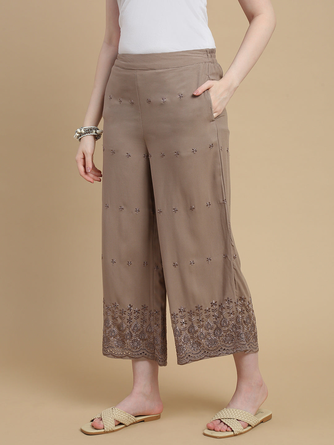 De Moza Women Woven Viscose Relaxed Fit Culottes with Functional Pockets Taupe - De Moza