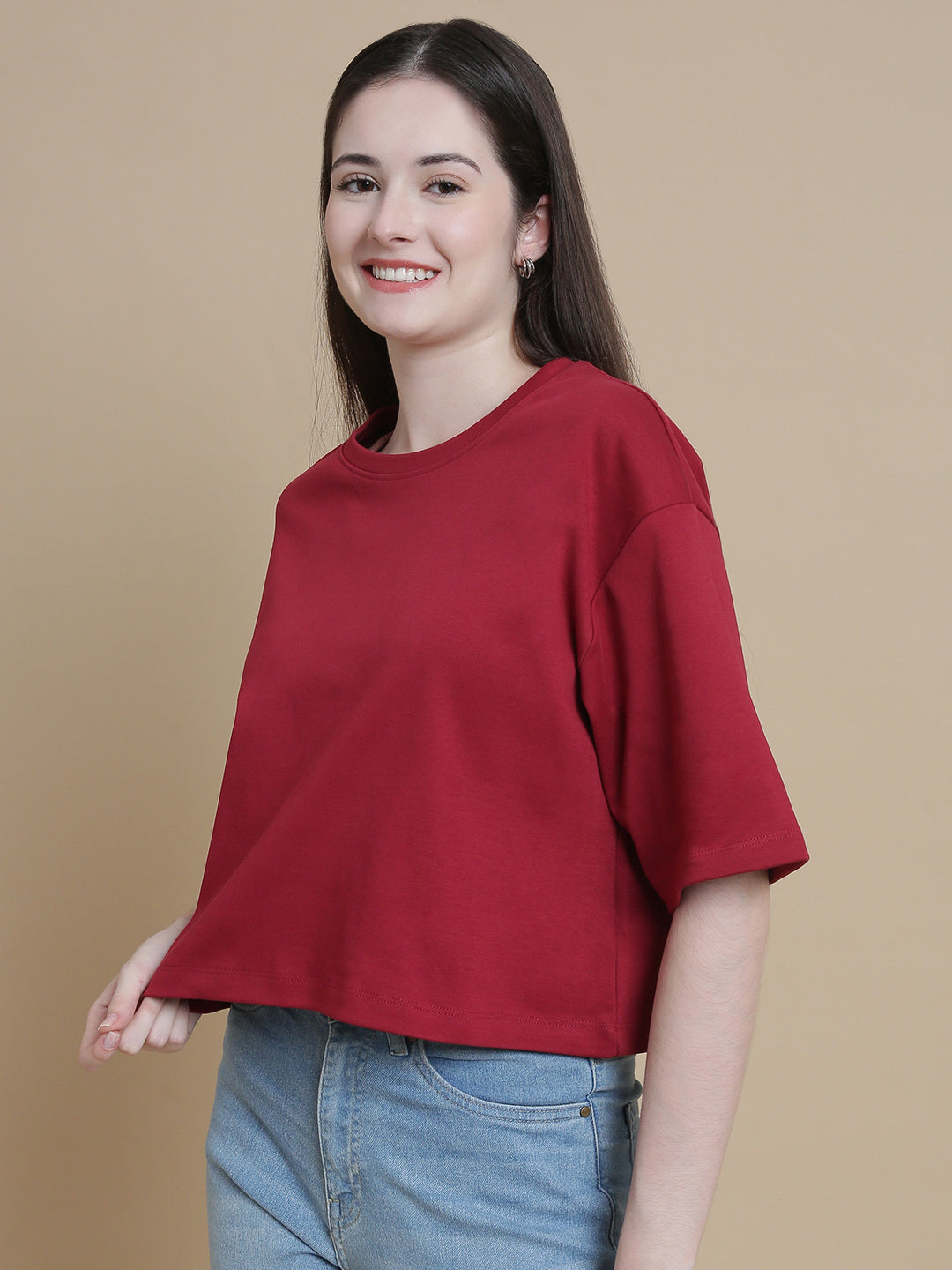 De Moza Women Knitted Cotton Crop Boxy Fit T-shirt Burgandy - De Moza