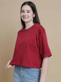 De Moza Women Knitted Cotton Crop Boxy Fit T-shirt Burgandy - De Moza