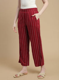 De Moza Women Woven Rayon Dobby Loose Fit Printed Straight Palazzo Pant with Functional Pockets Burgundy - De Moza