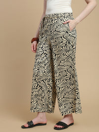 De Moza Women Woven Rayon Regular Fit Printed Straight Palazzo Pant with Functional Pockets Black - De Moza