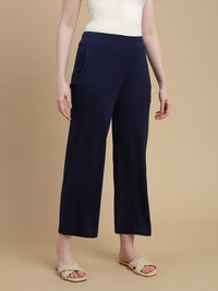 De Moza Women Knitted Viscose Stretch Slim Fit Palazzo Pant with Functional Pocket Dark Navy - De Moza