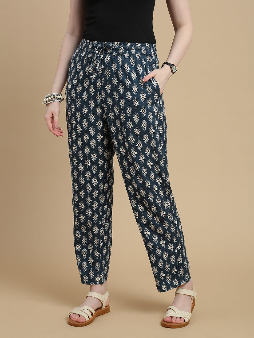 De Moza Women Woven Rayon Straight Fit Printed Pant with Functional Pockets Dark Teal - De Moza