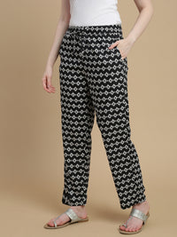 De Moza Women Woven Rayon Straight Fit Printed Straight Pant with Functional Pockets Black - De Moza