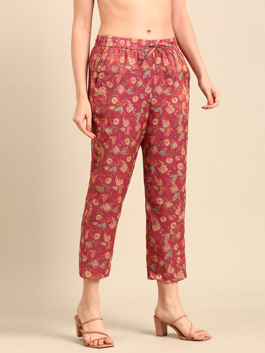 Straight Pant All Over Print-Dark Pink - De Moza