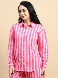 Co-Ord Set Striped (Shirt & Wide Leg Pant)-Pink - De Moza