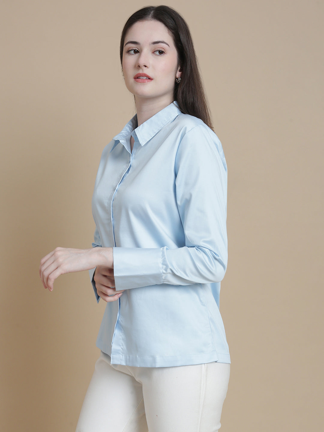 De Moza Women Woven Formal Viscose Satin Shirt Powder Blue - De Moza