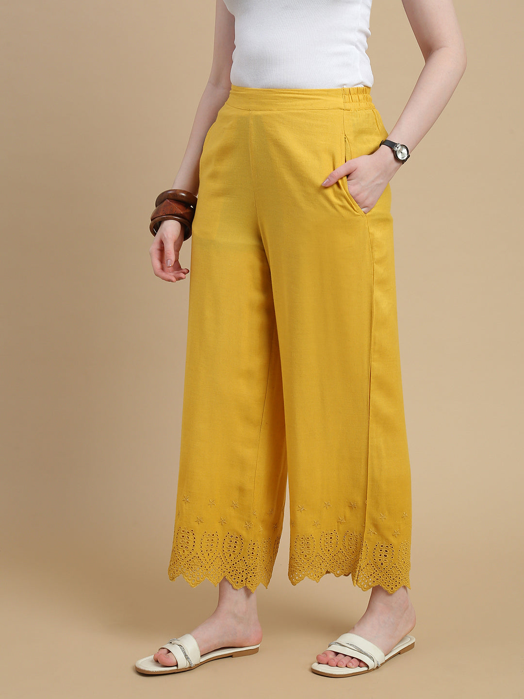 De Moza Women Woven Viscose Flex Regular Fit Schiffly Narrow Palazzo Pant with Functional Pockets Lime Yellow - De Moza