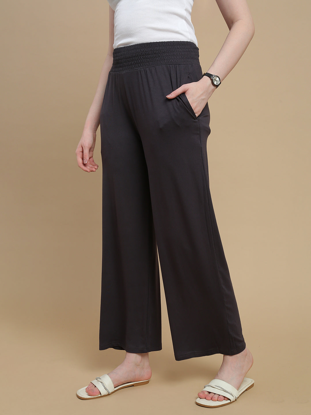 De Moza Women Knitted Viscose Stretch Regular Fit Flared Pant with Functional Pockets Dark Grey - De Moza