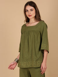De Moza Women Woven Rayon Boxy Fit Top Olive Green