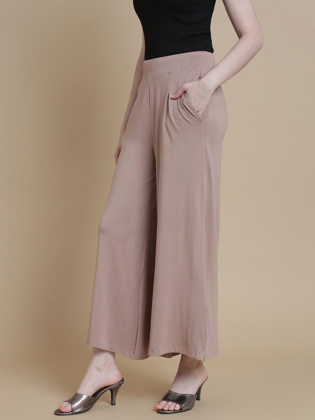 De Moza Women Knitted Viscose Pleated Palazzo with Functional Pockets Taupe - De Moza