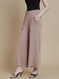 De Moza Women Knitted Viscose Pleated Palazzo with Functional Pockets Taupe - De Moza