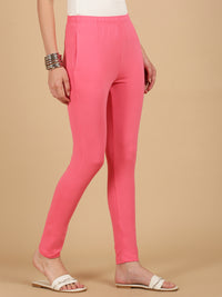 De Moza Women Knitted Cotton Stretch Skinny Fit Kurti Pant with Drawstring and Pocket Rani Pink - De Moza