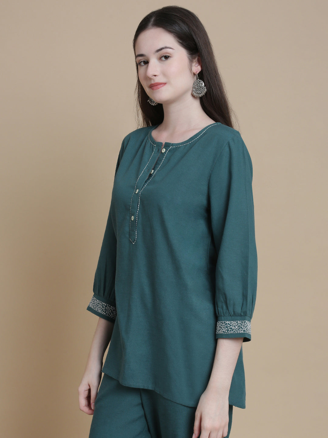 De Moza Women Woven Rayon Kurti Teal - De Moza