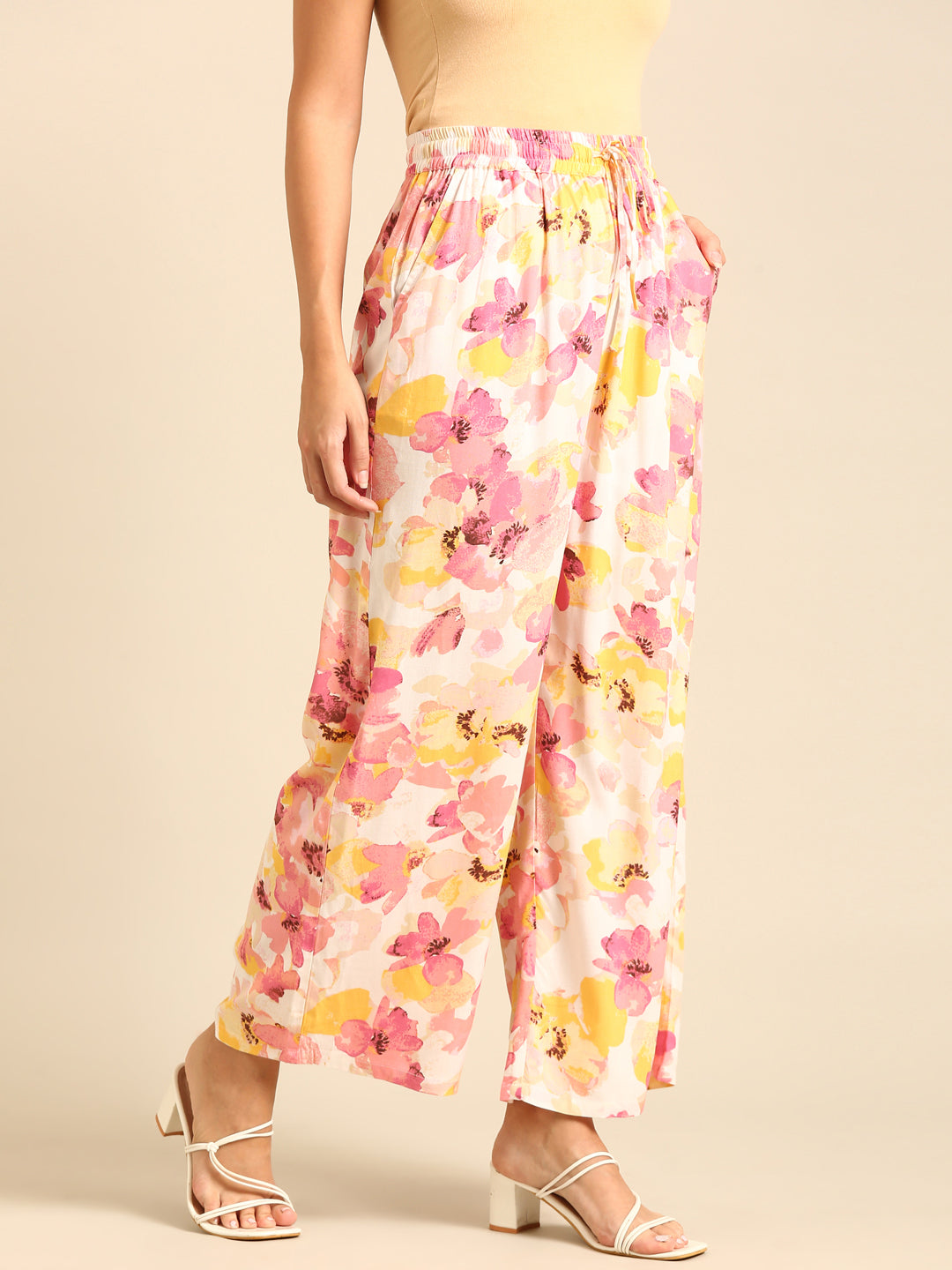 Co-Ord Set Floral Print (Casual Top & Palazzo)-Pink - De Moza
