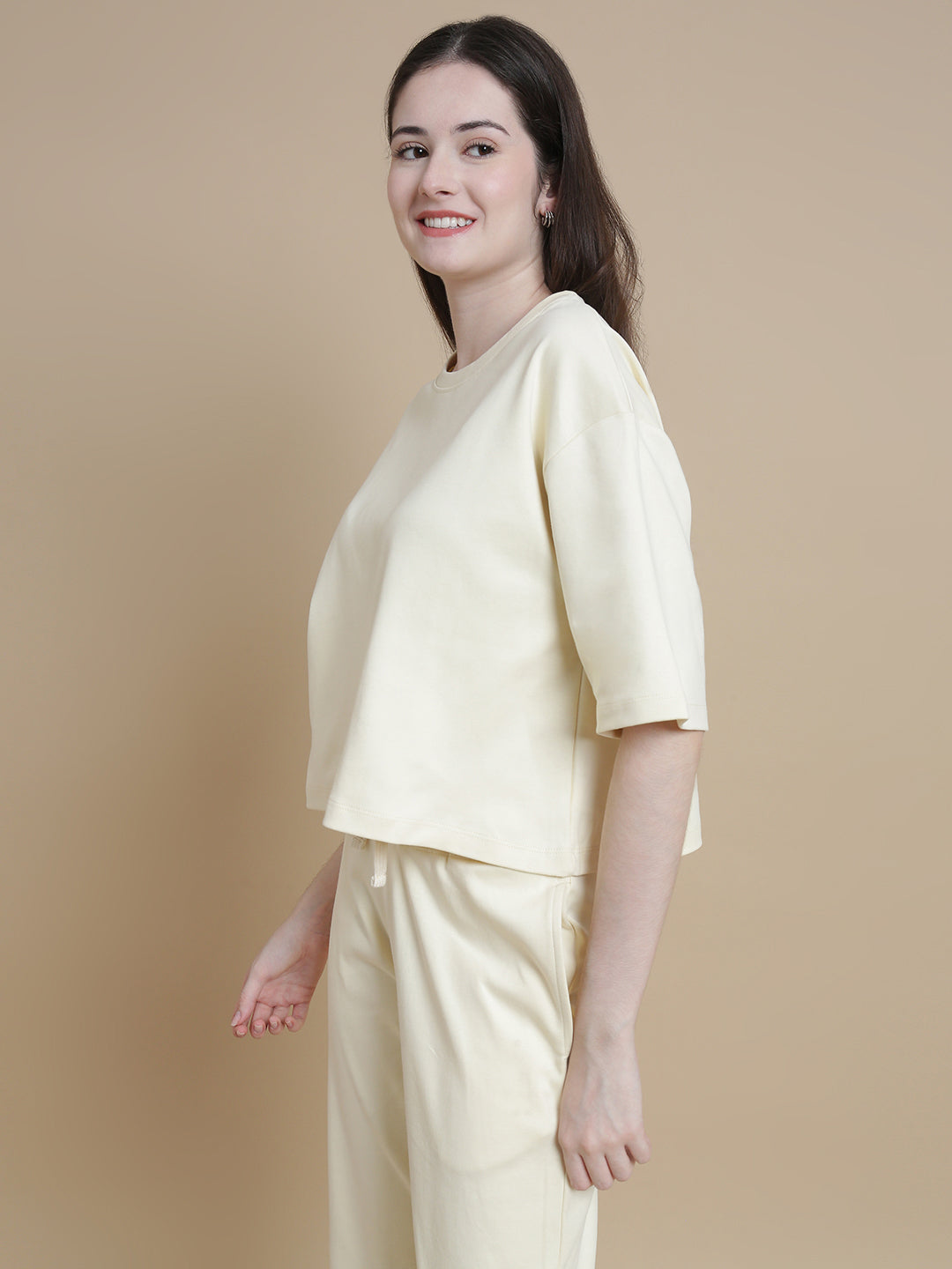 De Moza Women Knitted Cotton Crop Boxy Fit T-shirt Ecru - De Moza