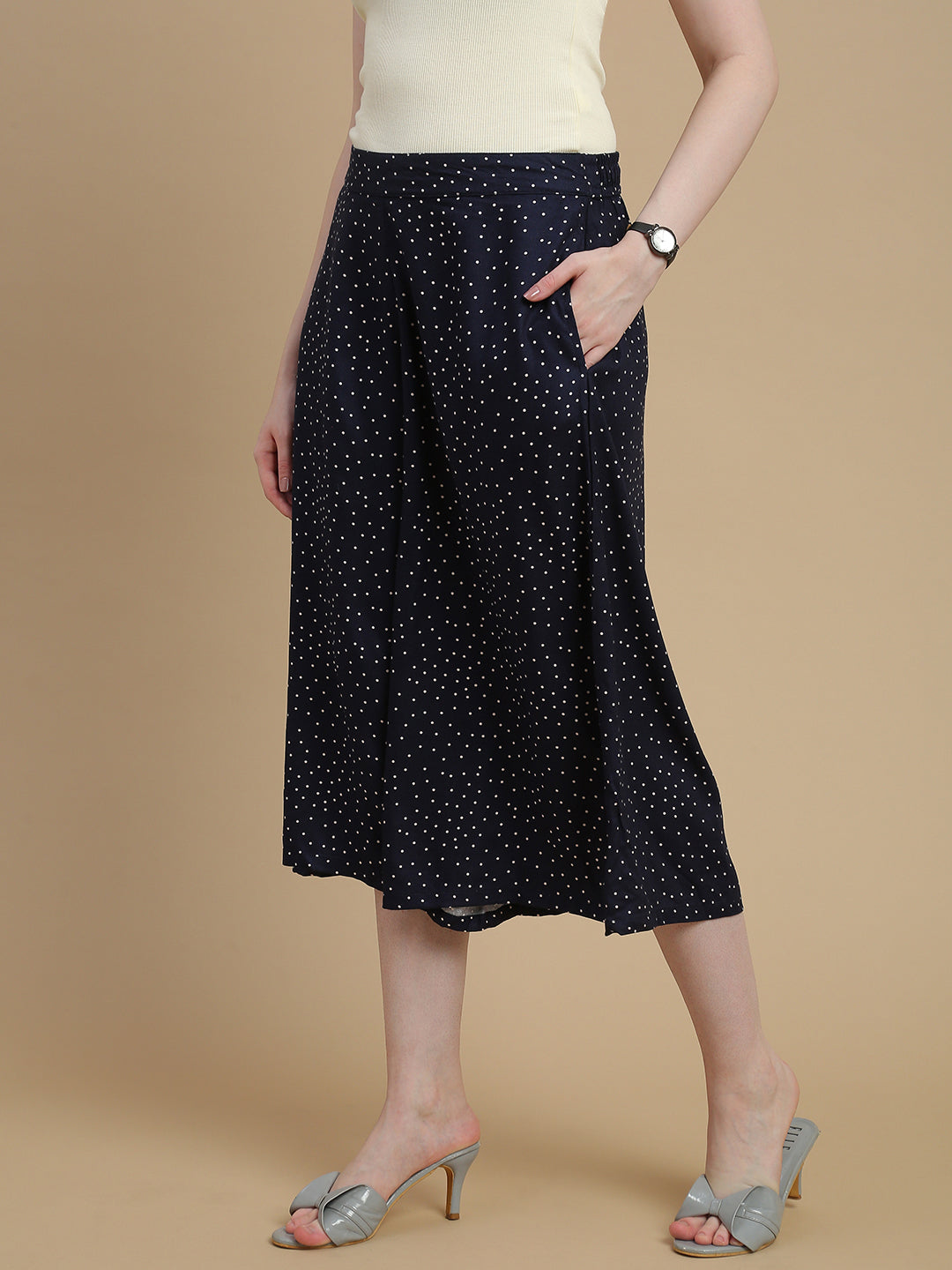 De Moza Women Woven Rayon Twill Loose Fit Printed Culottes with Functional Pockets Navy Blue - De Moza