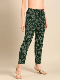 Women Printed Straight Pants Bottle Green - De Moza
