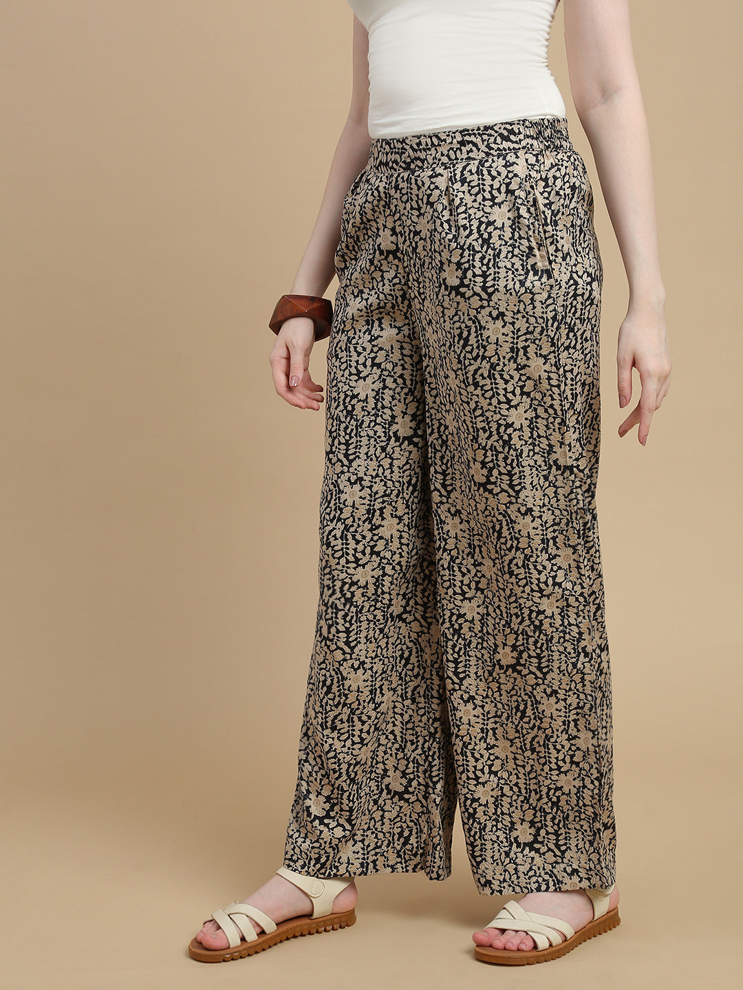 De Moza Women Woven Rayon Regular Fit Printed Straight Palazzo Pant with Functional Pockets Black - De Moza