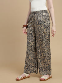 De Moza Women Woven Rayon Regular Fit Printed Straight Palazzo Pant with Functional Pockets Black - De Moza