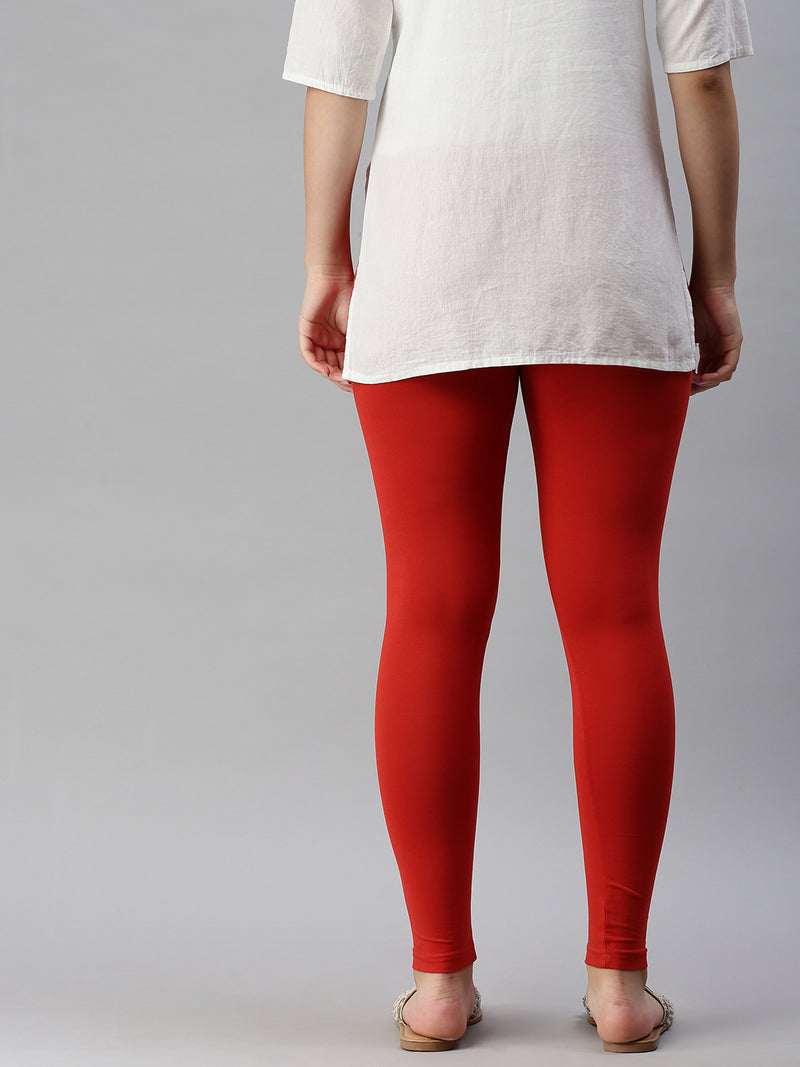 De Moza Ladies Ankle Length Leggings Solid Cotton Brick Red