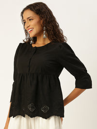 De Moza Women  Top  Embroidery Cotton Black - De Moza