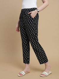 De Moza Women Woven Rayon Straight Fit Printed Straight Pant with Functional Pockets Black - De Moza