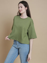De Moza Women Knitted Cotton Crop Boxy Fit T-shirt Deep Green - De Moza