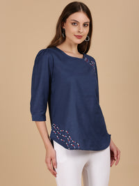 De Moza Women Woven Rayon Regular Fit Top Navy