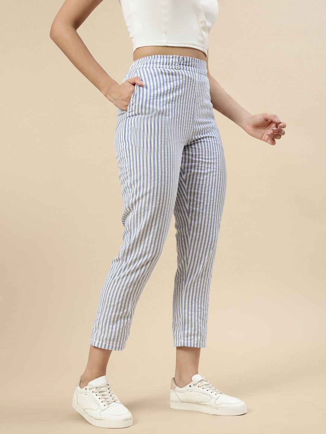 Stripped Cigarette Pants-Blue