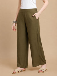 De Moza Women Viscose  Palazzo Pant with Functional Pockets Olive Green - De Moza