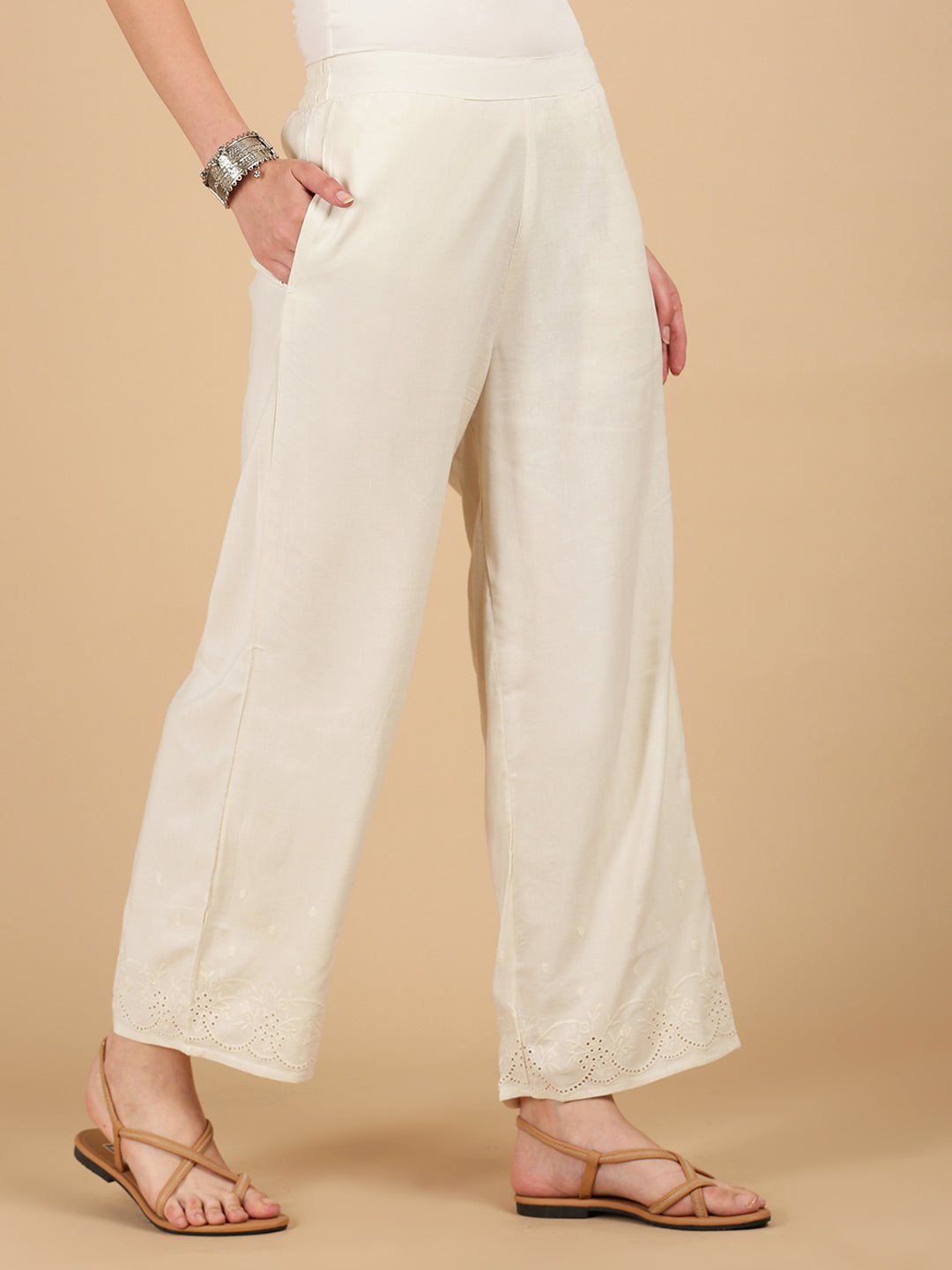 De Moza Women Woven Rayon Regular Fit Palazzo with Functional Pockets Natural