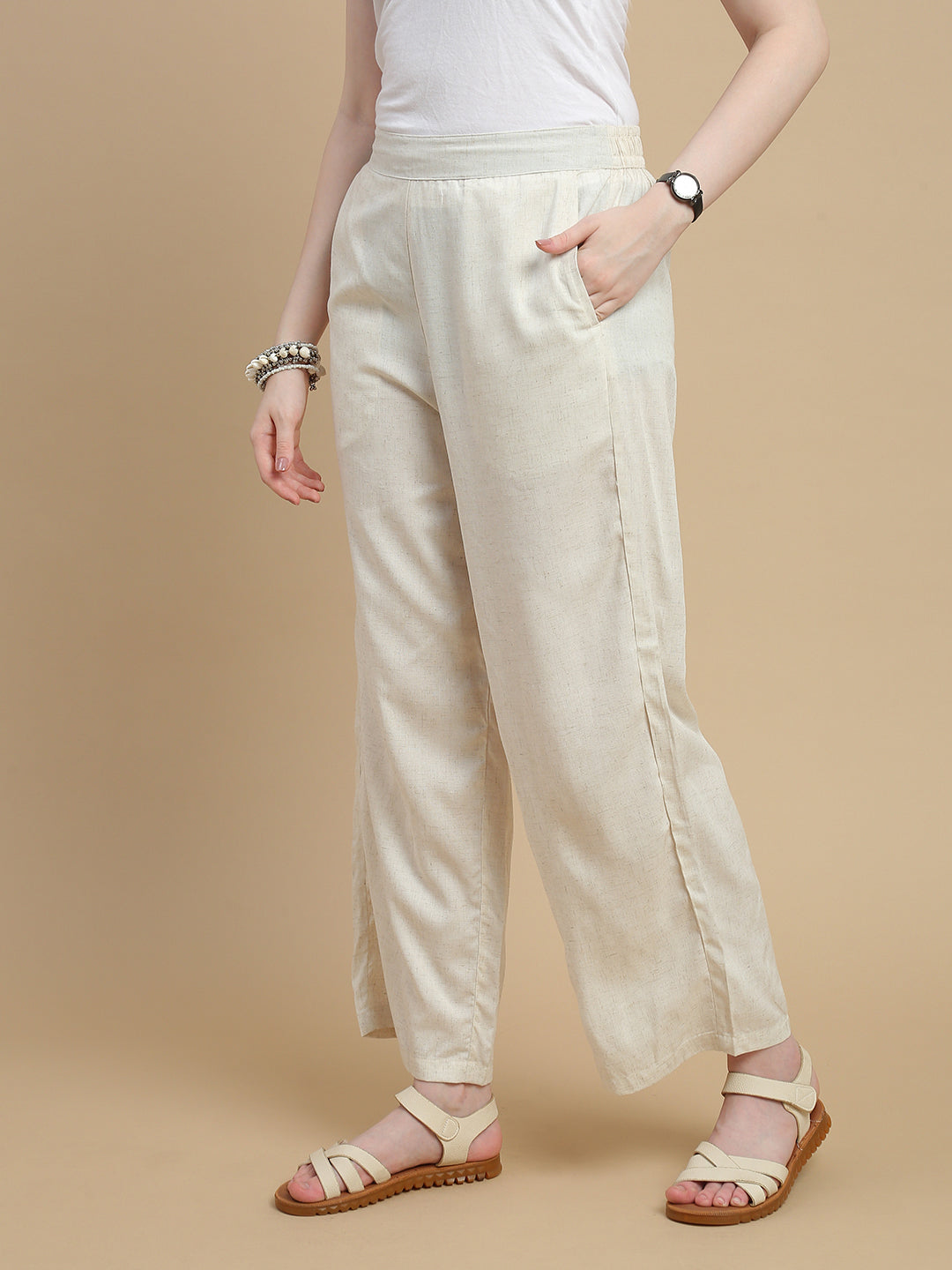 De Moza Women Viscose  Palazzo Pant with Functional Pockets Natutal - De Moza