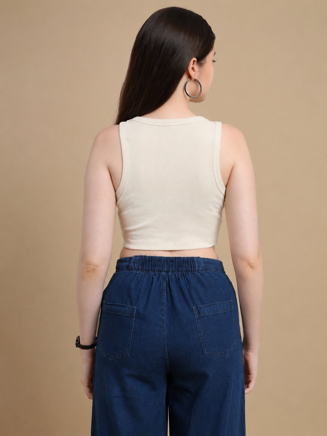 De Moza Women Knitted Cotton Rib Fitted Sleeveless Top with Round Neck Chalk - De Moza