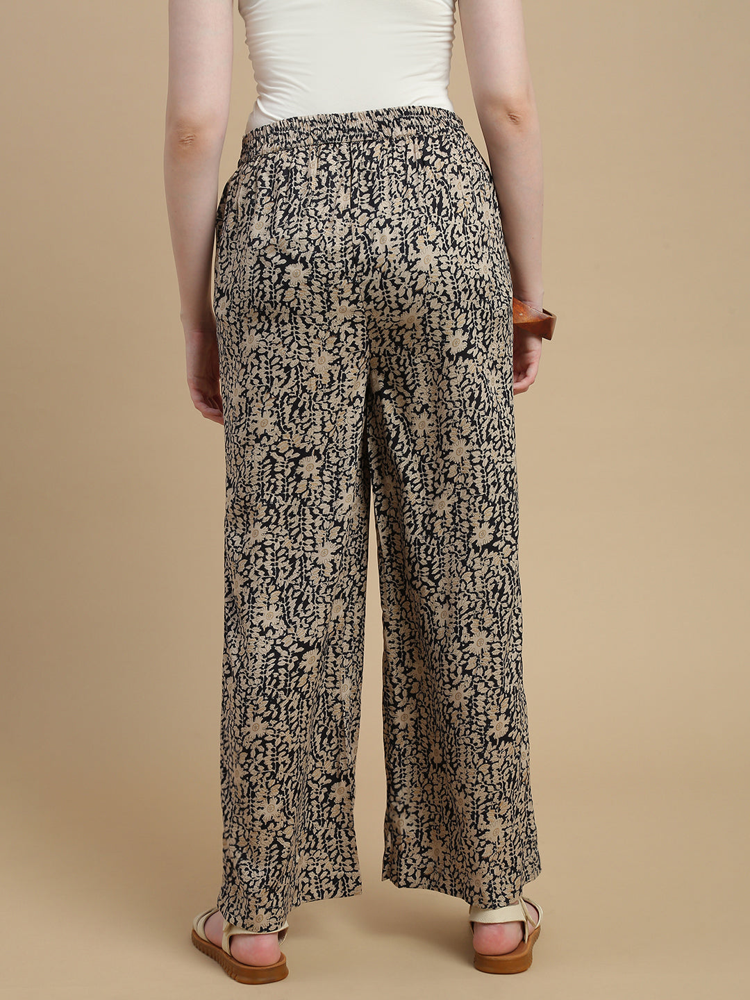 De Moza Women Woven Rayon Regular Fit Printed Straight Palazzo Pant with Functional Pockets Black - De Moza