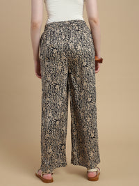De Moza Women Woven Rayon Regular Fit Printed Straight Palazzo Pant with Functional Pockets Black - De Moza