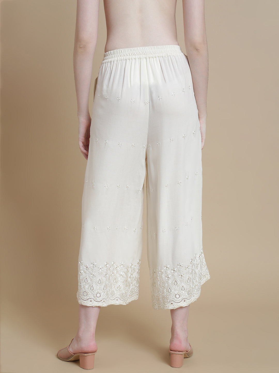 De Moza Women Woven Viscose Narrow Palazzo Schiffly with Functional Pockets White - De Moza