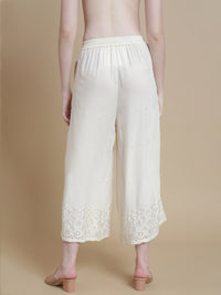 De Moza Women Woven Viscose Narrow Palazzo Schiffly with Functional Pockets White - De Moza