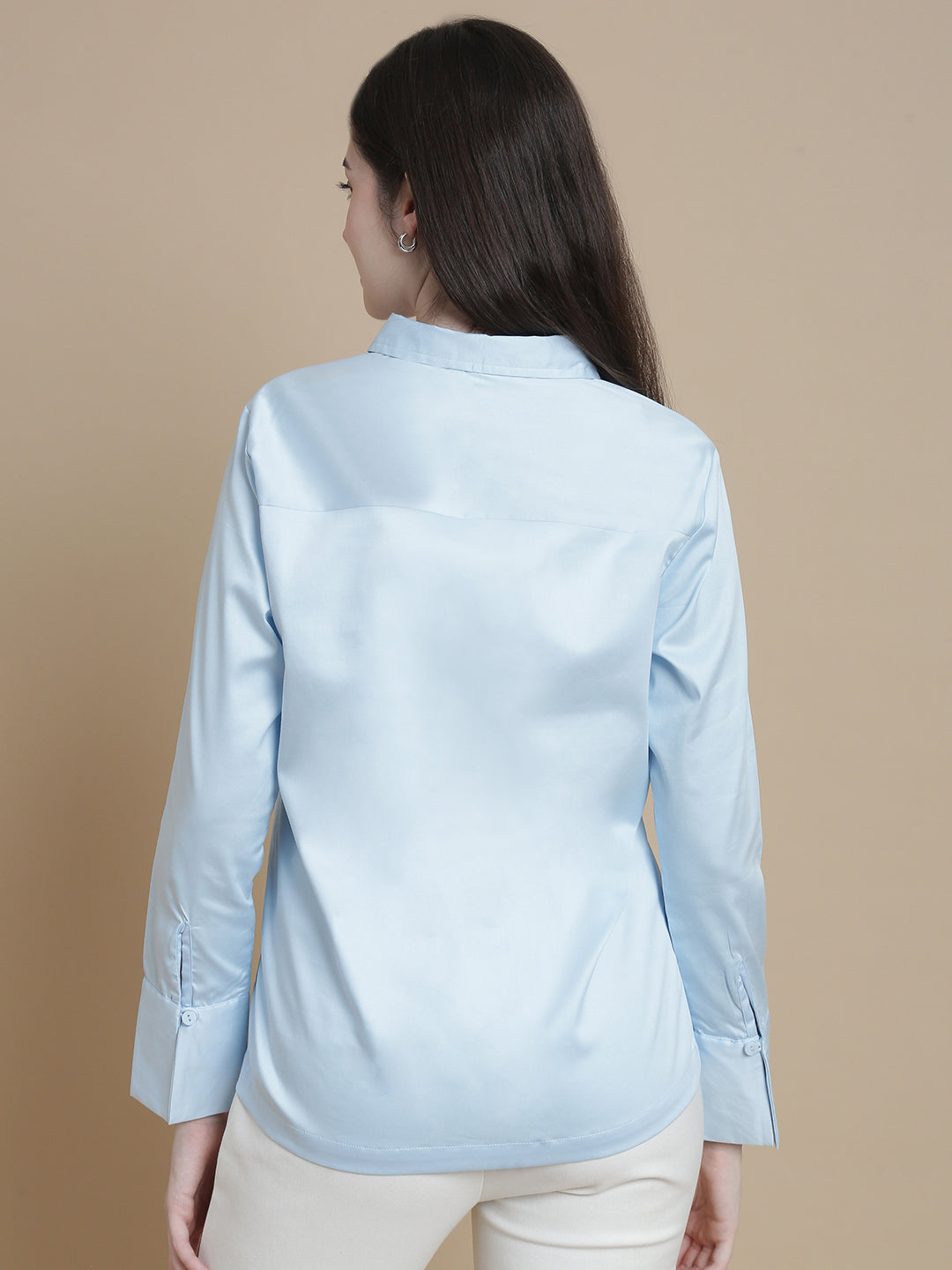 De Moza Women Woven Formal Viscose Satin Shirt Powder Blue - De Moza