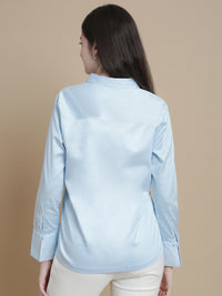 De Moza Women Woven Formal Viscose Satin Shirt Powder Blue - De Moza