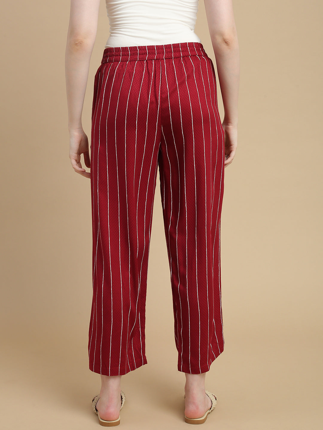 De Moza Women Woven Rayon Dobby Loose Fit Printed Straight Palazzo Pant with Functional Pockets Burgundy - De Moza