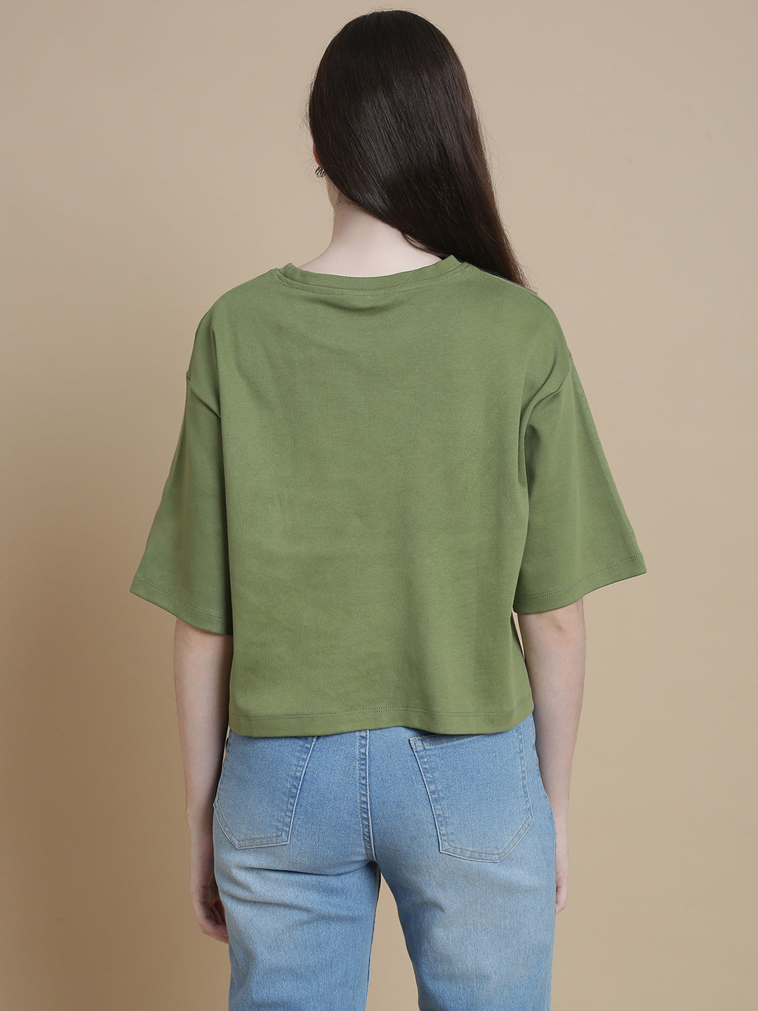 De Moza Women Knitted Cotton Crop Boxy Fit T-shirt Deep Green - De Moza
