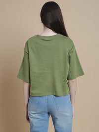 De Moza Women Knitted Cotton Crop Boxy Fit T-shirt Deep Green - De Moza