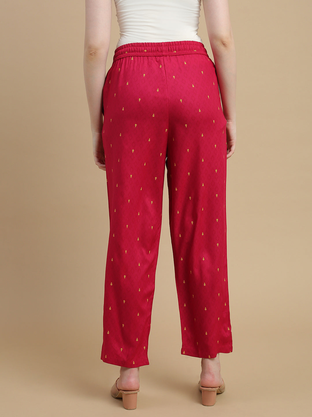 De Moza Women Woven Rayon Straight Fit Printed Straight Pant with Functional Pockets Fuchsia - De Moza