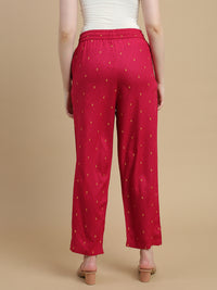 De Moza Women Woven Rayon Straight Fit Printed Straight Pant with Functional Pockets Fuchsia - De Moza