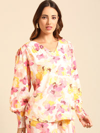 Co-Ord Set Floral Print (Casual Top & Palazzo)-Pink - De Moza