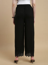 De Moza Women Woven Viscose Flex Regular Fit Schiffly Narrow Palazzo Pant with Functional Pockets Black - De Moza