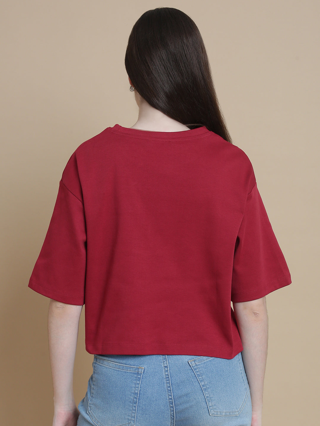 De Moza Women Knitted Cotton Crop Boxy Fit T-shirt Burgandy - De Moza